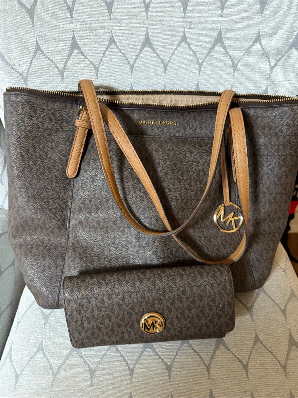 Michael Kors Brown MK Monogram Tote with Matching Wallet